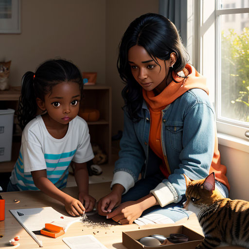 a woman and a child are sitting at a table with a cat and a box of construction paper and pencils