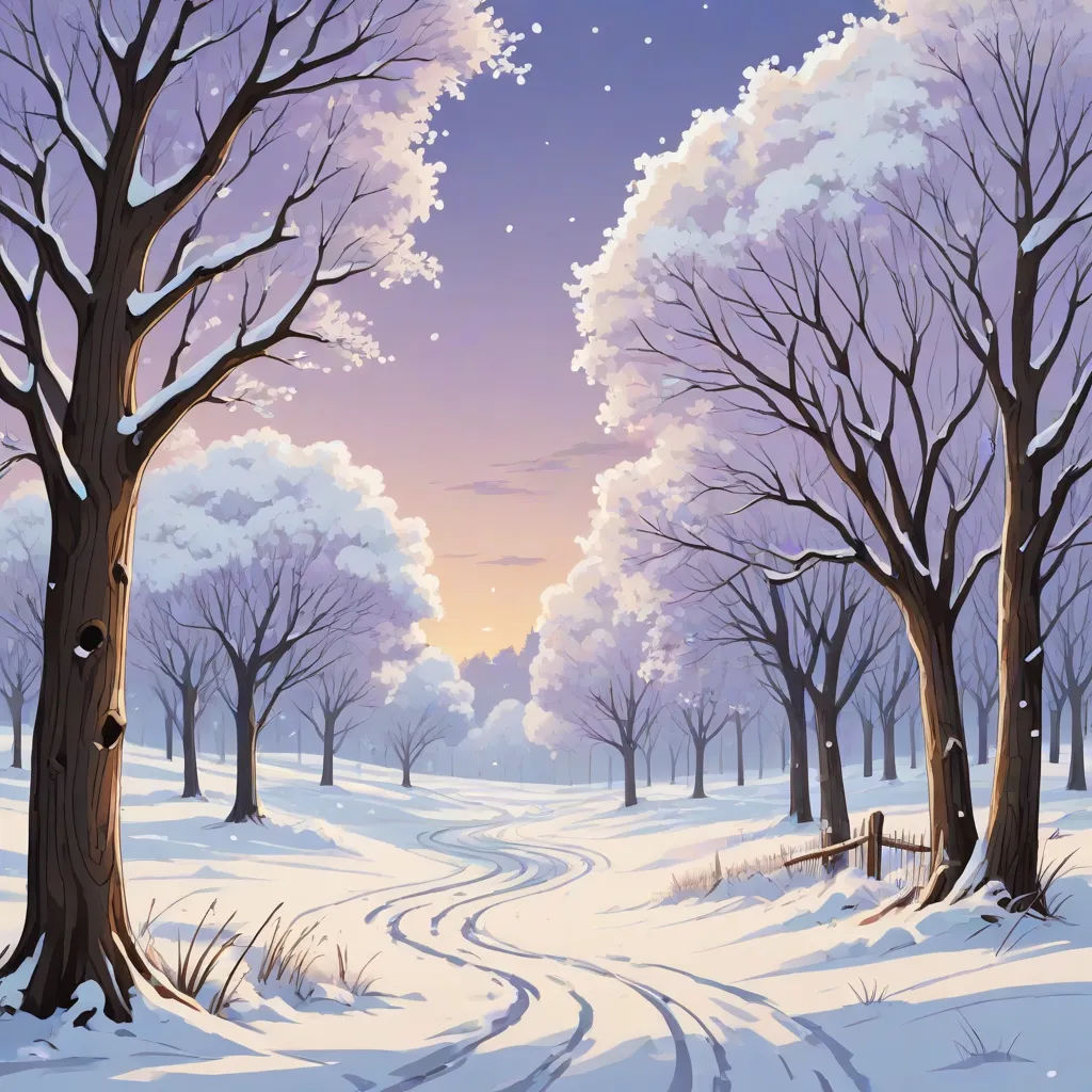 a painting of a snowy road with trees and snow on the ground and a sky with clouds and stars, naive art, a detailed matte painting, Evgeny Lushpin, winter