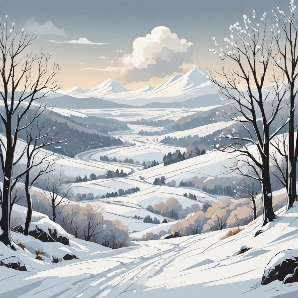 a painting of a snowy landscape with trees and mountains in the background and a cloudy sky above it,, american scene painting, a matte painting, Eyvind Earle, cinematic matte painting