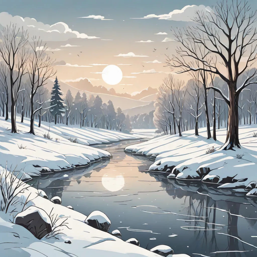 a snowy landscape with a stream and trees in the foreground and a sunset in the background with clouds in the sky, naive art, a detailed matte painting, Dan Mumford, highly detailed digital painting