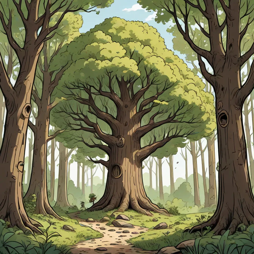 a cartoon of a path leading to a tree in a forest with a path leading to a tree trunk, environmental art, a storybook illustration, Andreas Rocha, forest