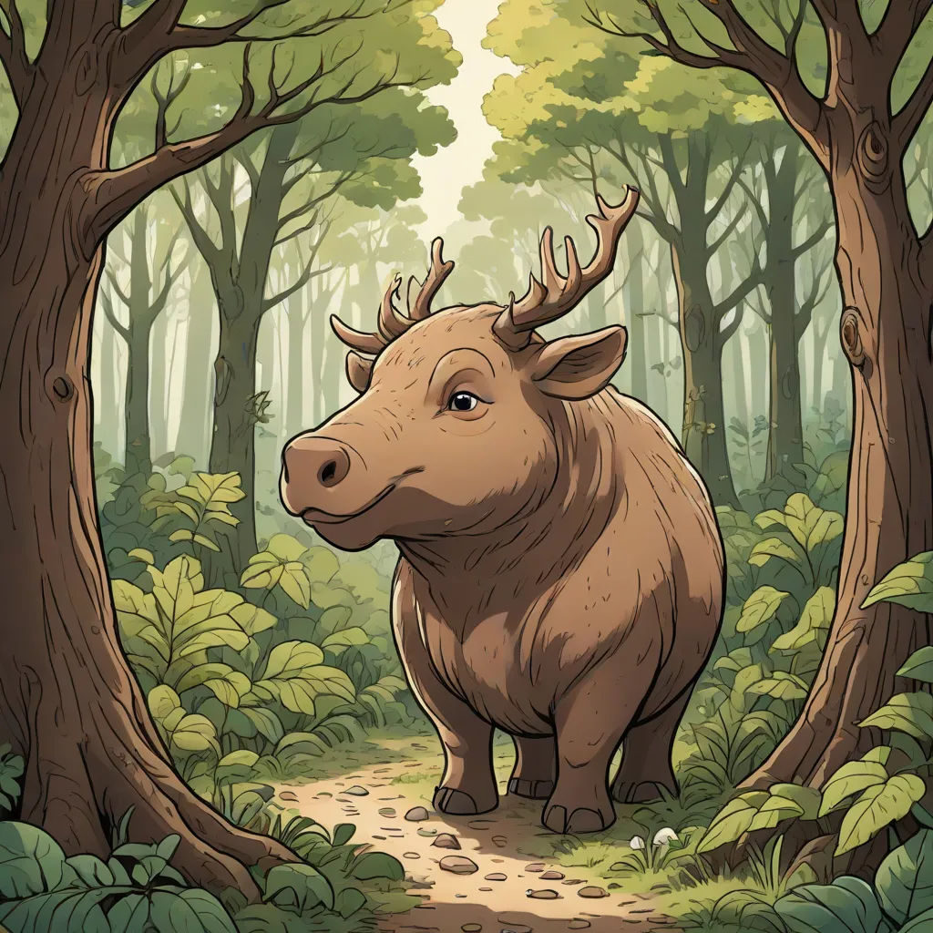 a cartoon of a bull in a forest with trees and a path leading to it's head and a trail leading to it, sumatraism, a storybook illustration, Brom, storybook illustration