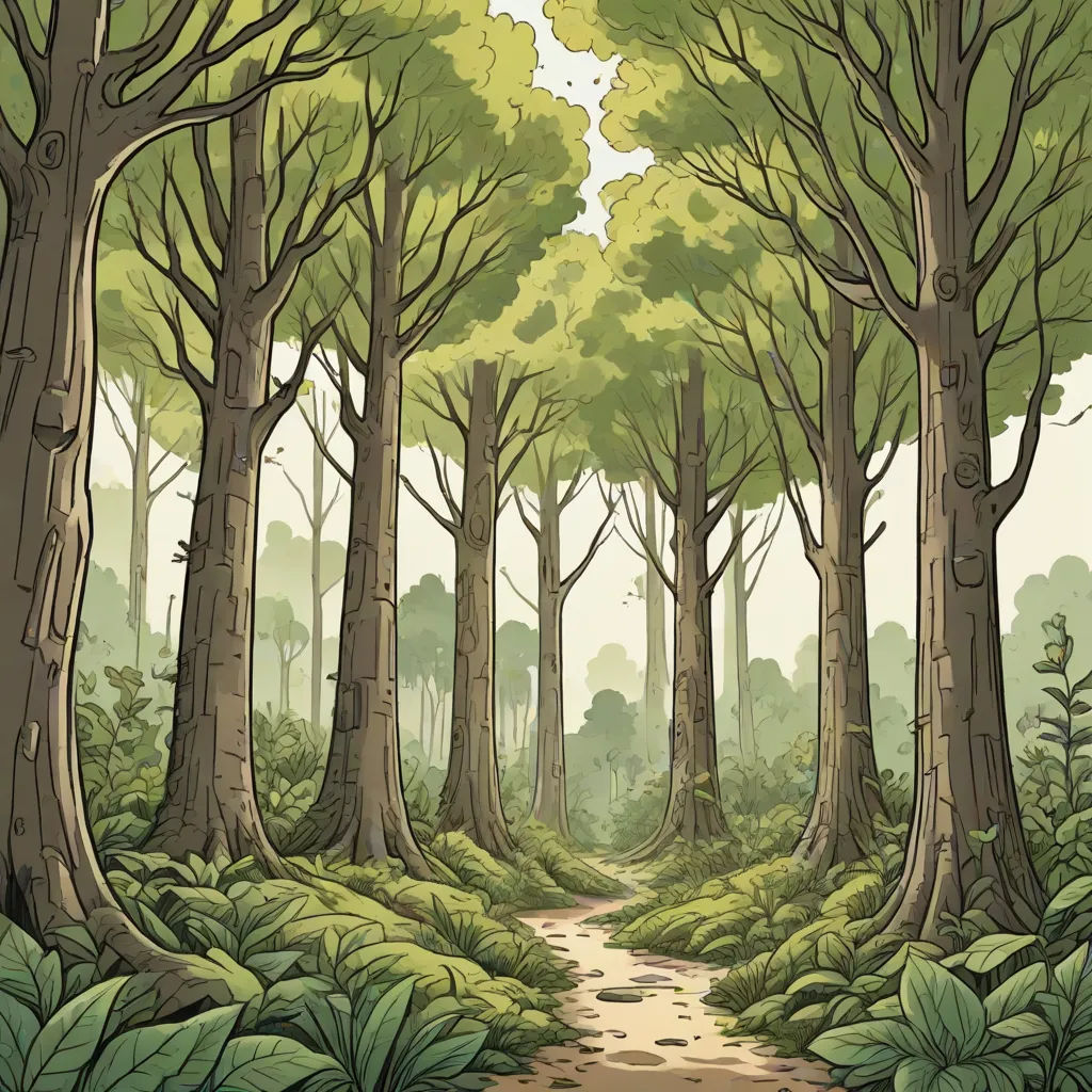 a painting of a path through a forest with lots of trees and plants on both sides of the path, environmental art, a storybook illustration, Chris LaBrooy, forest