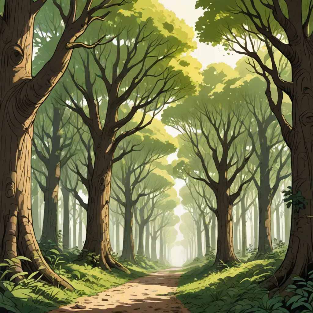 a painting of a path through a forest with trees on both sides of it and a sun shining through the trees, synthetism, a detailed matte painting, Eyvind Earle, ghibli