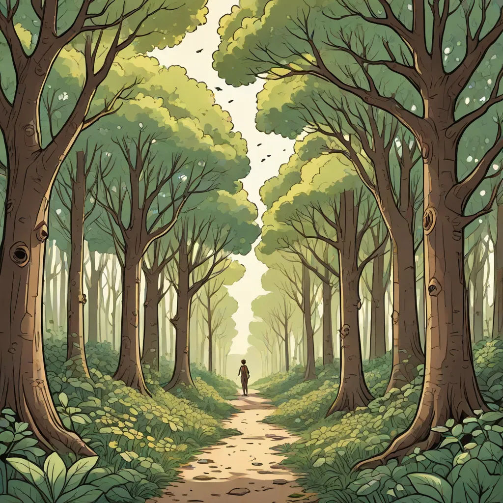 a man walking down a path through a forest filled with trees and grass on either side of a dirt road, environmental art, a comic book panel, Dan Mumford, comic cover art