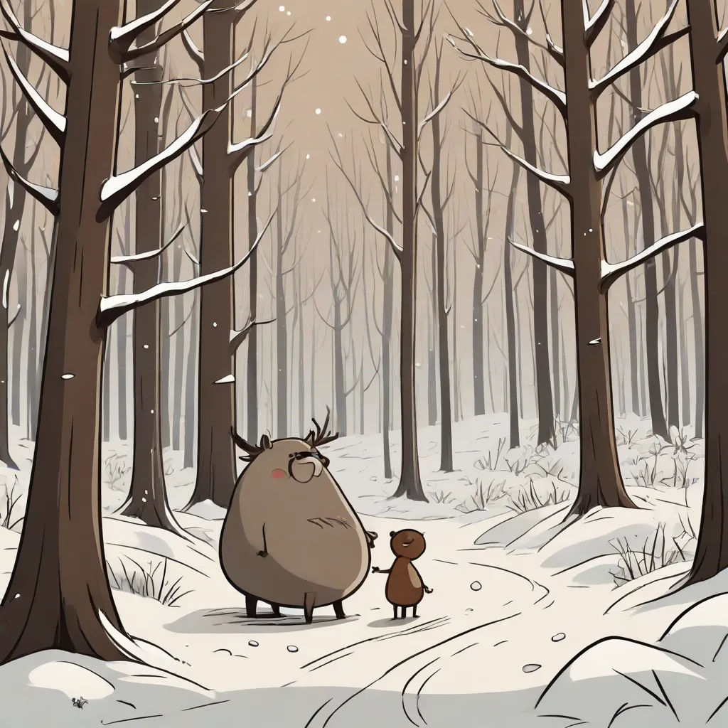 a cartoon of a big brown animal standing next to a little brown bear in a snowy forest with trees, context art, a storybook illustration, Diego Gisbert Llorens, storybook illustration