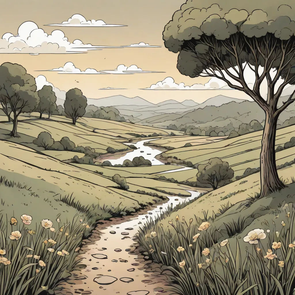 a painting of a path leading to a river in a field with flowers and trees on either side of the path, fantasy art, a storybook illustration, Farel Dalrymple, storybook illustration