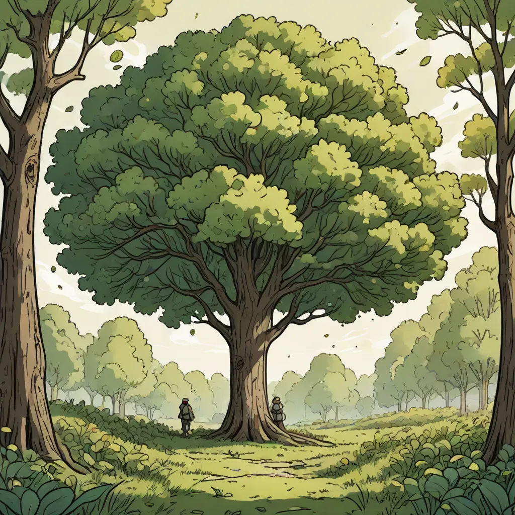 a painting of a man walking through a forest with a large tree in the foreground and a man in the distance, environmental art, a comic book panel, Asaf Hanuka, comic cover art