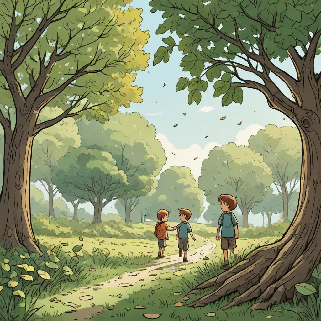 a group of children walking down a dirt road through a forest filled with trees and grass, with a man and a woman walking behind them, environmental art, a storybook illustration, Diego Gisbert Llorens, storybook illustration