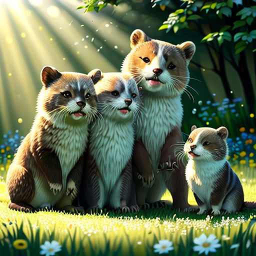 a painting of three cats sitting in the grass with a sunbeam in the background and daisies in the foreground