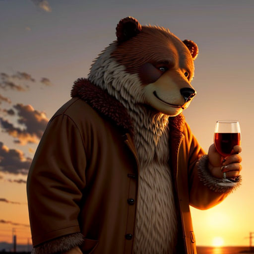 a man in a bear suit holding a glass of wine at sunset with a sunset in the background and a bear wearing a coat