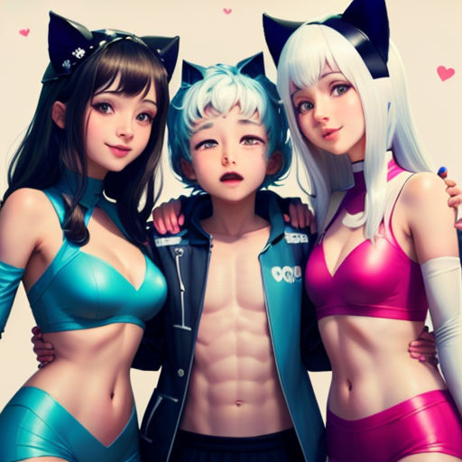three cartoon characters are posing for a picture together, one is wearing a cat ears hat and the other is wearing a bikini top