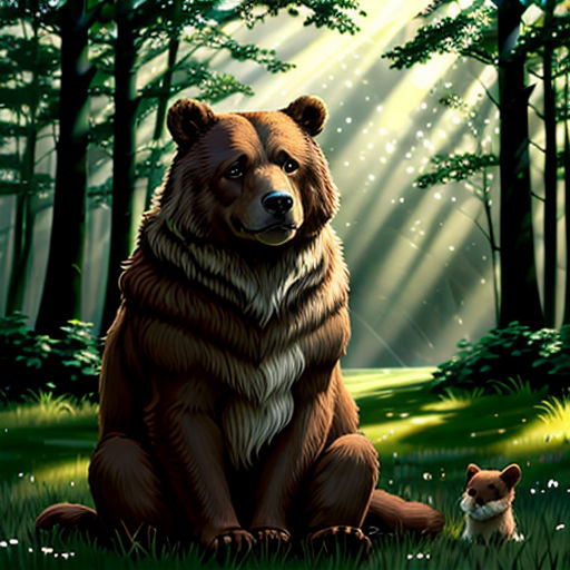 a bear and a dog are sitting in the grass in the woods with sunlight streaming through the trees and shining down on them