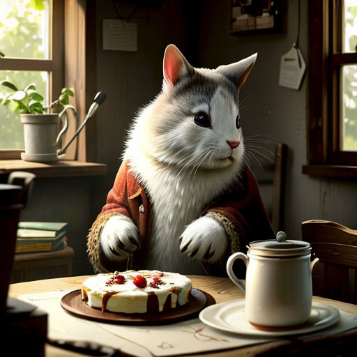 a cat sitting at a table with a cake on it and a cup of coffee in front of it