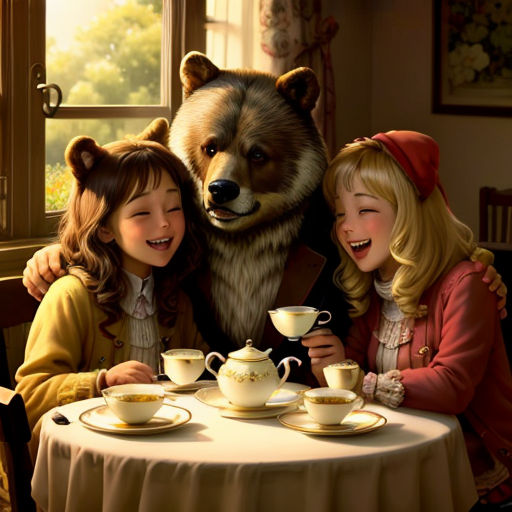 three children are sitting at a table with a bear on the wall behind them and a teapot on the table