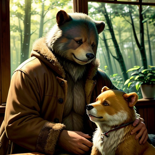a man in a bear mask and a dog in a room with a window and a table with a laptop