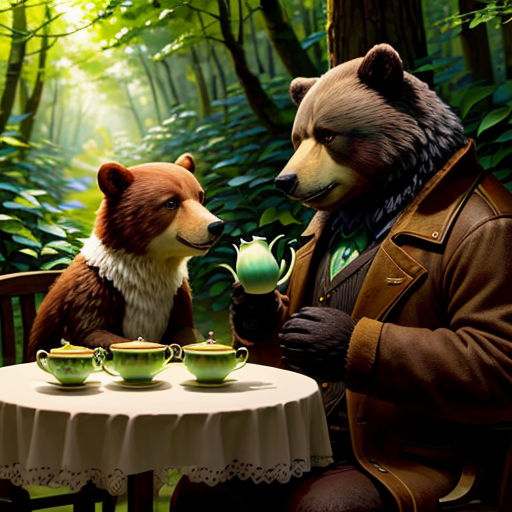 a bear and a bear cub are sitting at a table with tea cups and a tea pot in front of them