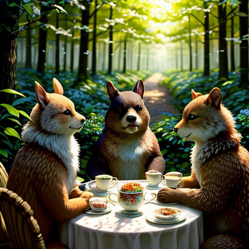 a painting of two foxes having a tea party in the woods with a dog sitting at the table and another dog sitting at the table