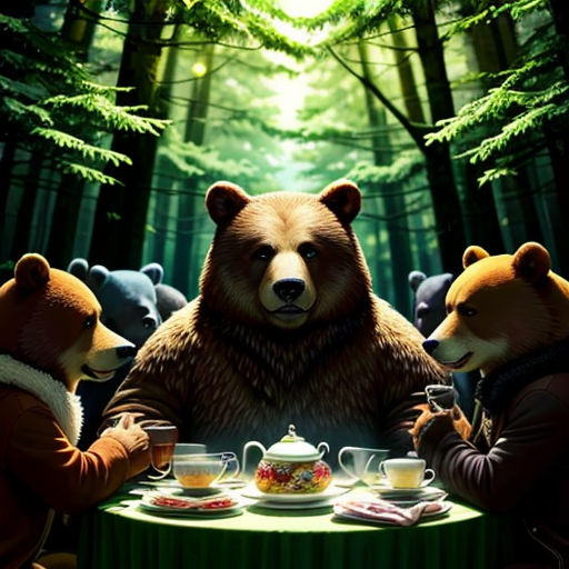 a group of bears sitting at a table with tea cups and teapots on it in the woods