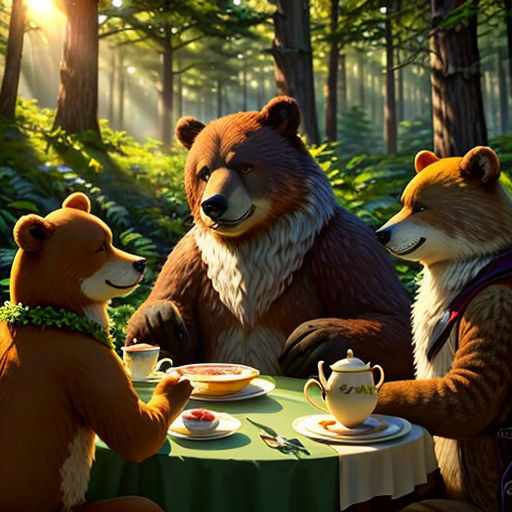 a painting of three bears having a tea party in the woods with a bear cub sitting at a table