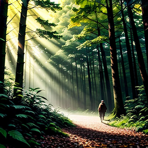 a person walking down a path in the woods with sunlight streaming through the trees and leaves on the ground