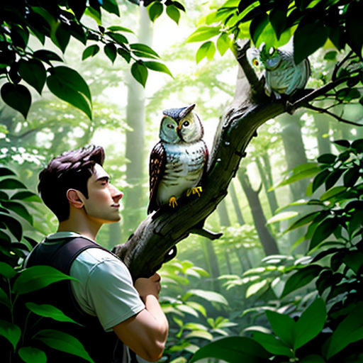 a man standing in the woods with an owl on a branch in his hand and another owl on the branch