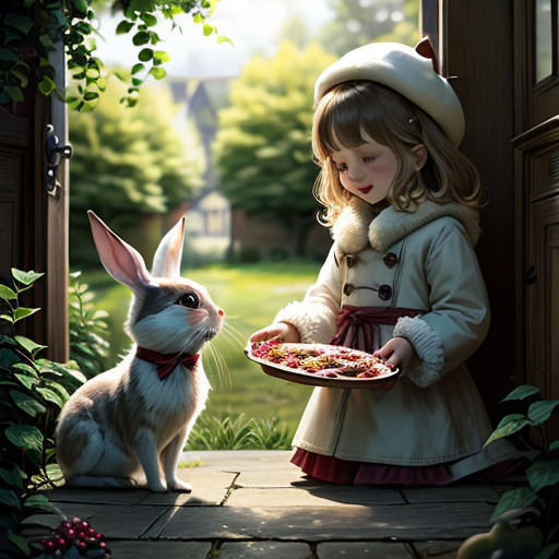 a little girl holding a plate of food next to a rabbit in a garden with a house in the background