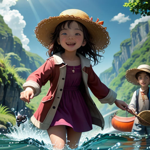 a painting of a girl and boy in a river with a boat and a man in a hat and a boat