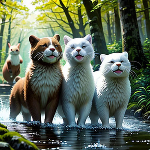 a group of cats standing in the water near a forest with trees and rocks on the ground, with a stream running through the center of the picture