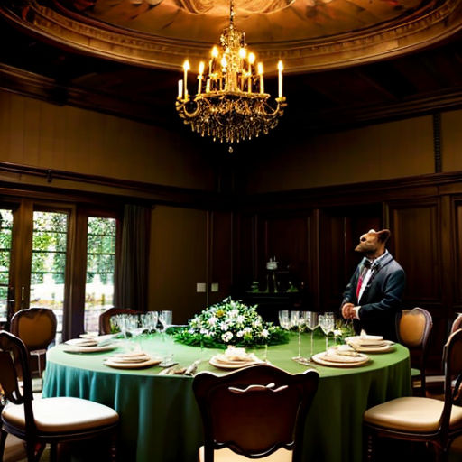 a man in a suit sitting at a table with a green table cloth and a chandelier above it