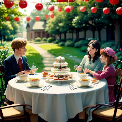 a family sitting at a table with a cake on it and a tea party on the table in front of them