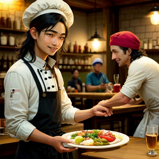 a man in a chef's outfit is serving a plate of food to a woman in a restaurant