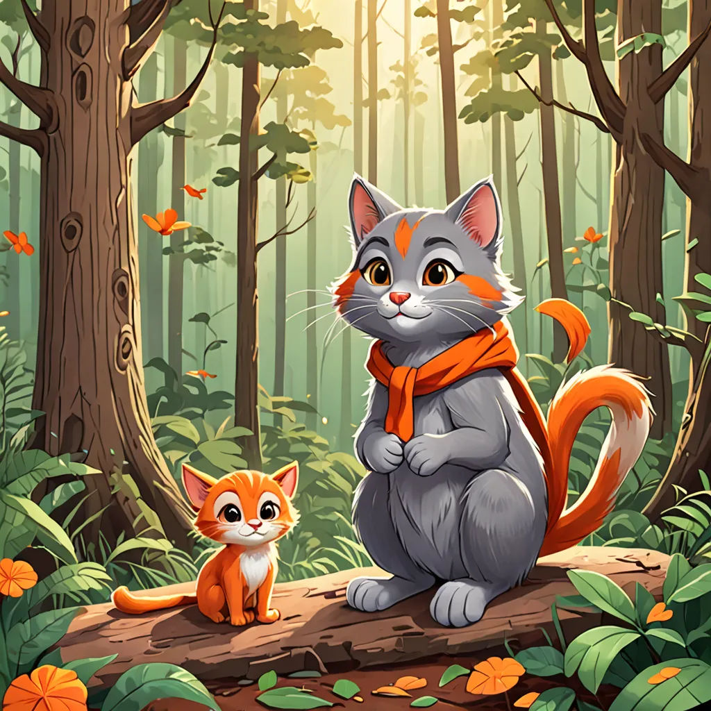 a cat and a kitten sitting on a log in the woods with leaves and flowers around them, and a forest background, sots art, a storybook illustration, Android Jones, key art