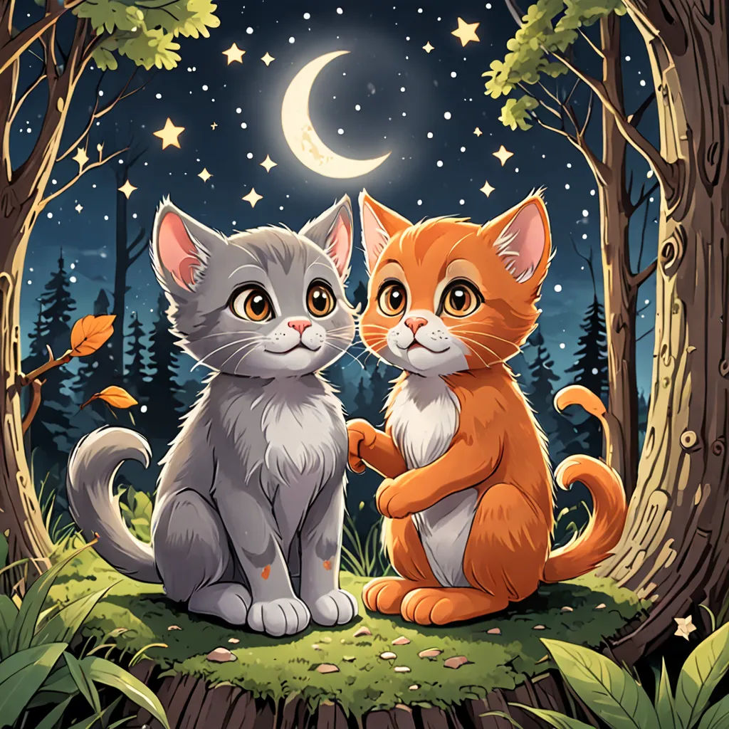 two cats sitting in the woods at night with a full moon in the background and stars in the sky, sots art, a storybook illustration, Elinor Proby Adams, official art