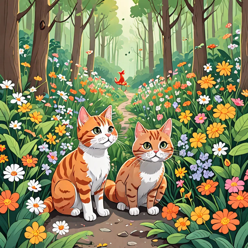 In a lush, green forest lived two cats, Mittens and Whiskers, and a playful monkey named Chico. The three friends loved exploring the forest together.