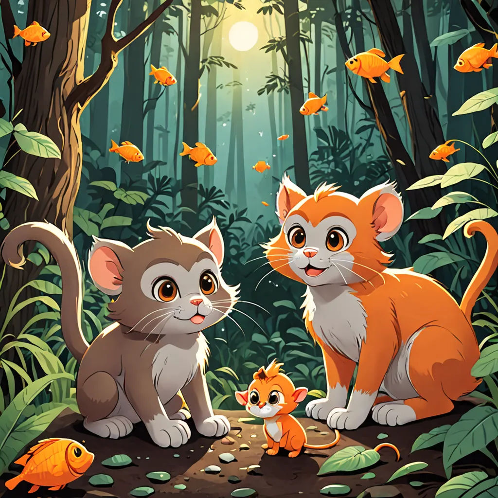 Intrigued by the story, the three friends 2 cats and 1 monkey decided to find the Golden Fish. They set off on their adventure, filled with excitement and a little fear.