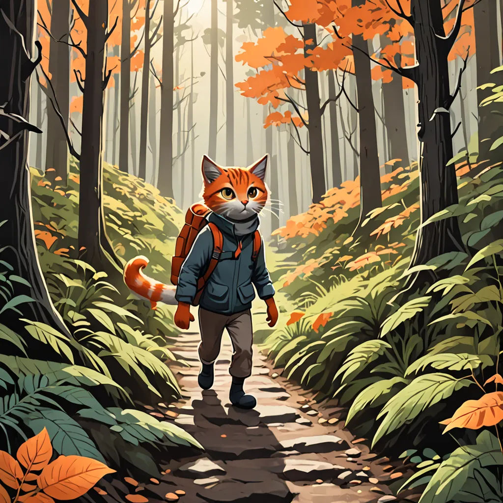 a cat with a backpack walking down a path in the woods with leaves on the ground and trees on the ground, furry art, a storybook illustration, Chris LaBrooy, promotional image