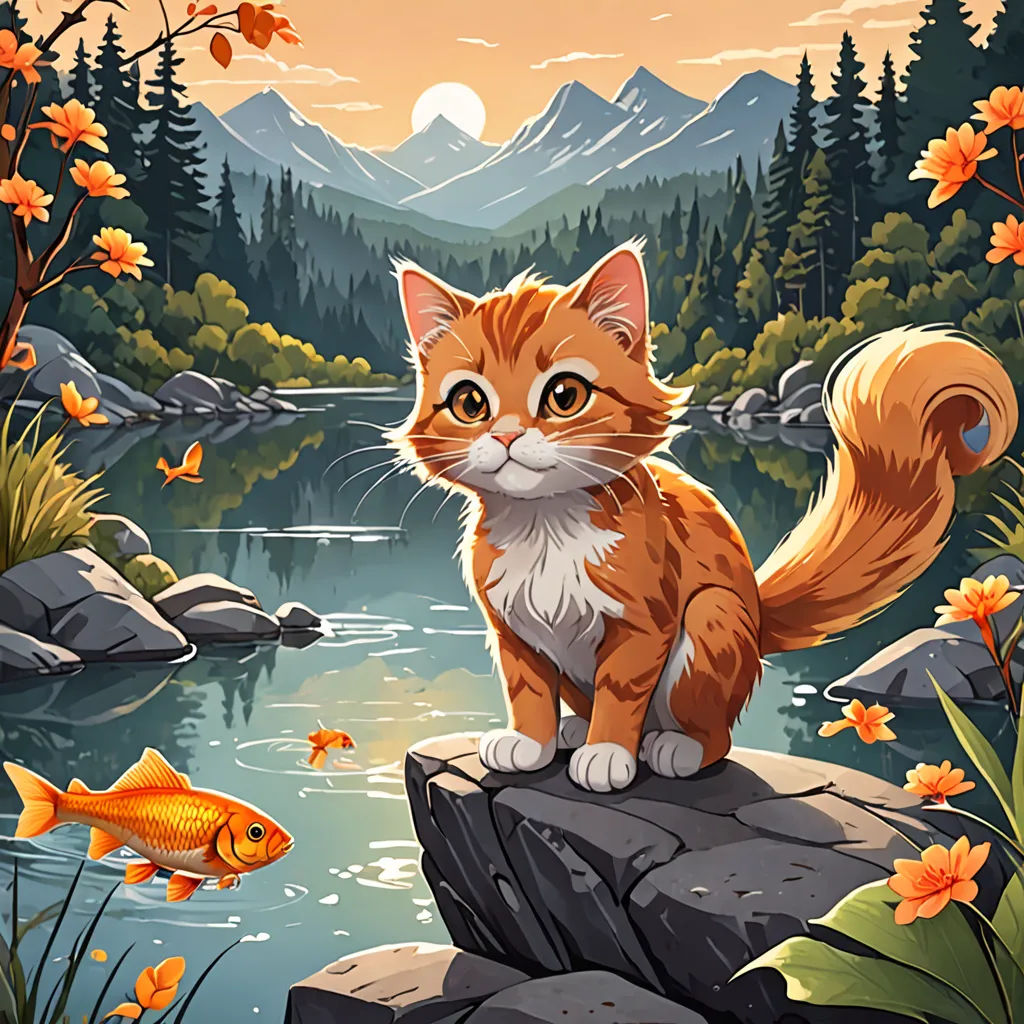 a cat sitting on a rock near a river and a fish in the water with a mountain in the background, sots art, a character portrait, Dan Mumford, game art