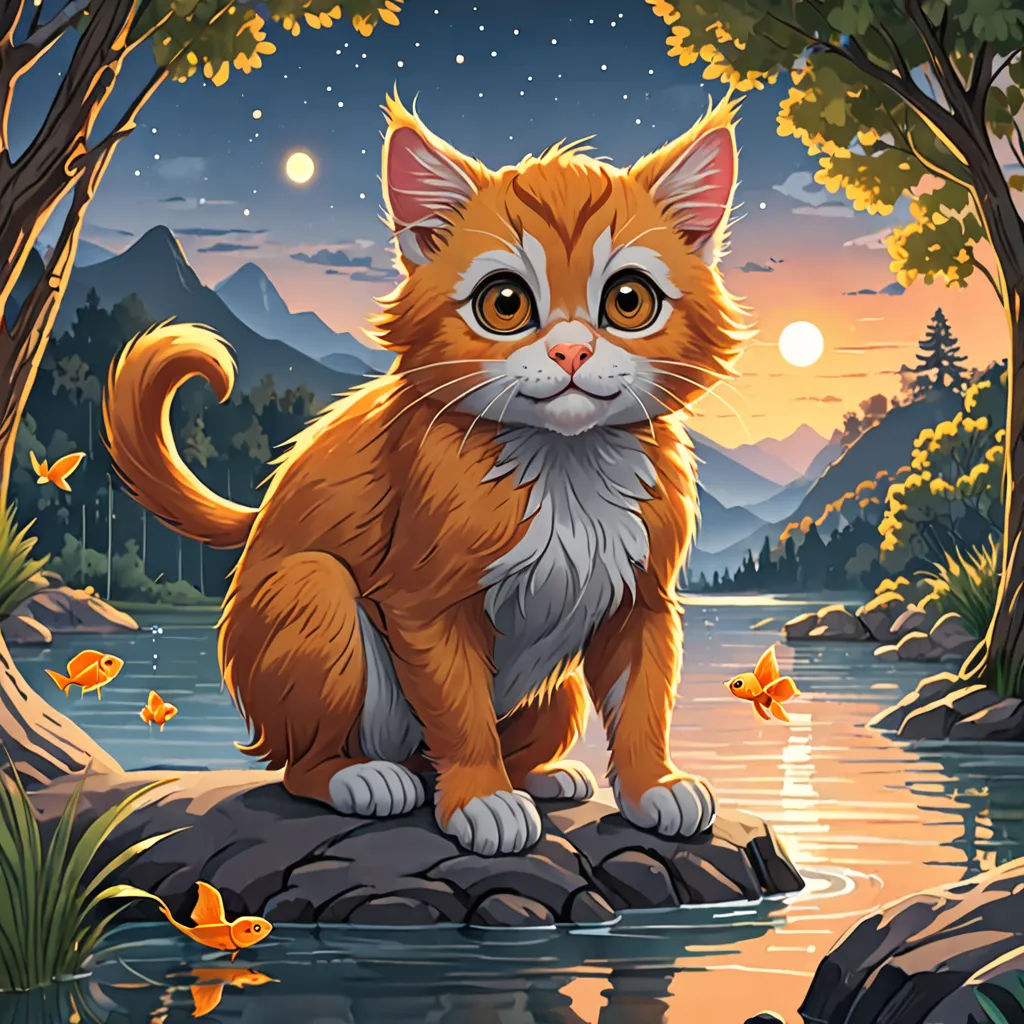 a cat sitting on a rock in a river at night with a full moon in the background and butterflies flying around, fantasy art, a character portrait, Dan Mumford, game art