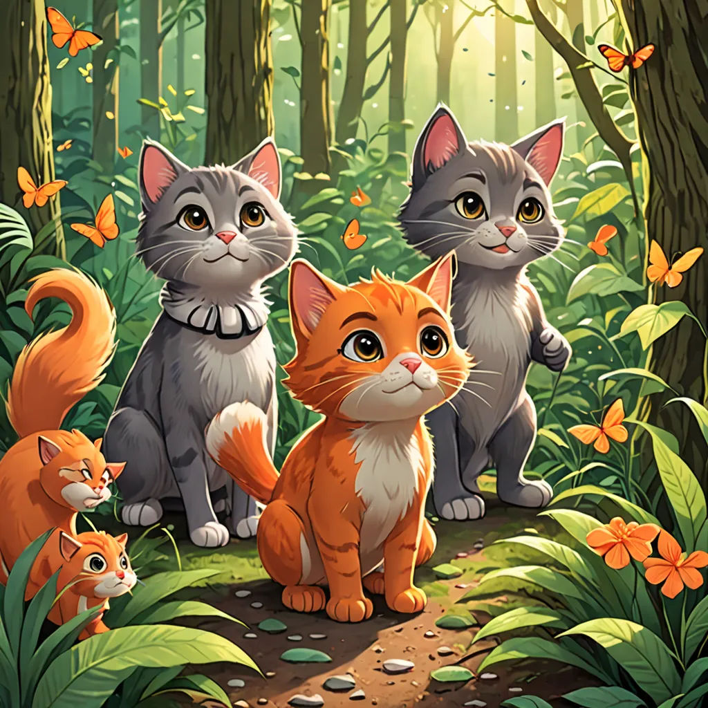 a group of cats standing in the middle of a forest with butterflies flying around them and a butterfly on the ground, sots art, a storybook illustration, Dan Mumford, official art