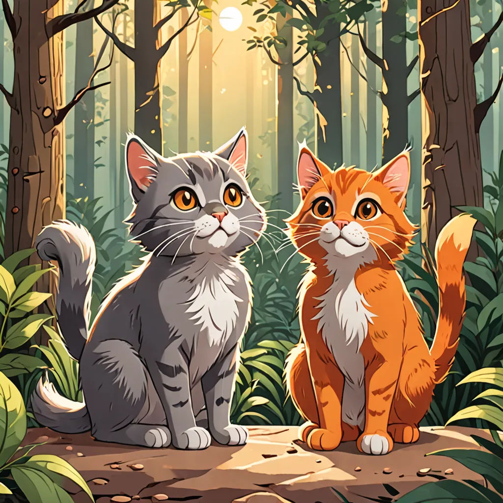 two cats sitting on a log in the woods looking at the camera with a bright light shining on them, sots art, a storybook illustration, Dan Mumford, official art