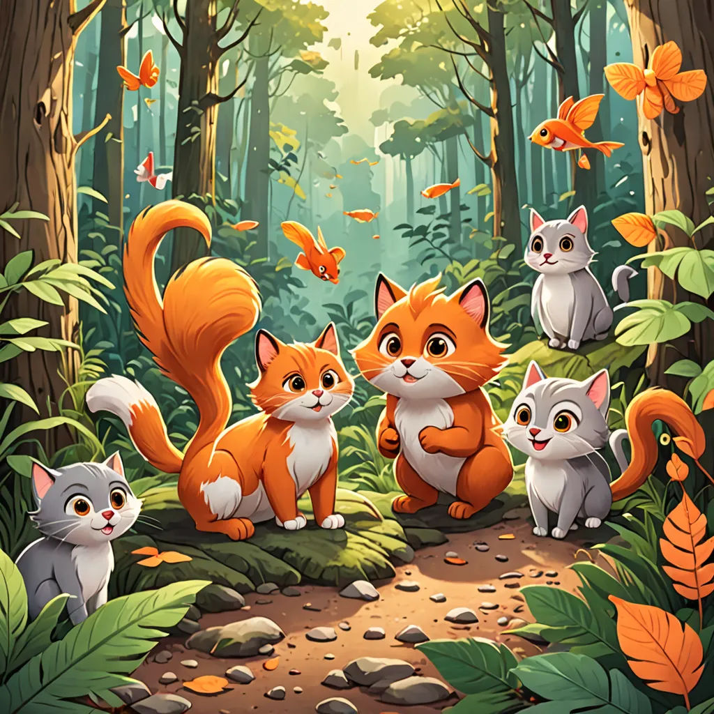 a group of cats sitting in the middle of a forest with butterflies flying overhead and a path leading to them, sots art, a storybook illustration, Chris LaBrooy, key art