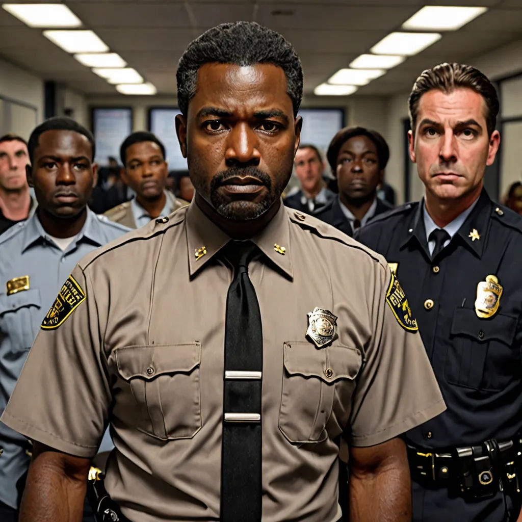 a group of police officers standing in a hallway together in uniform and looking at the camera with a serious look on his face, institutional critique, a colorized photo, Derold Page, promotional image