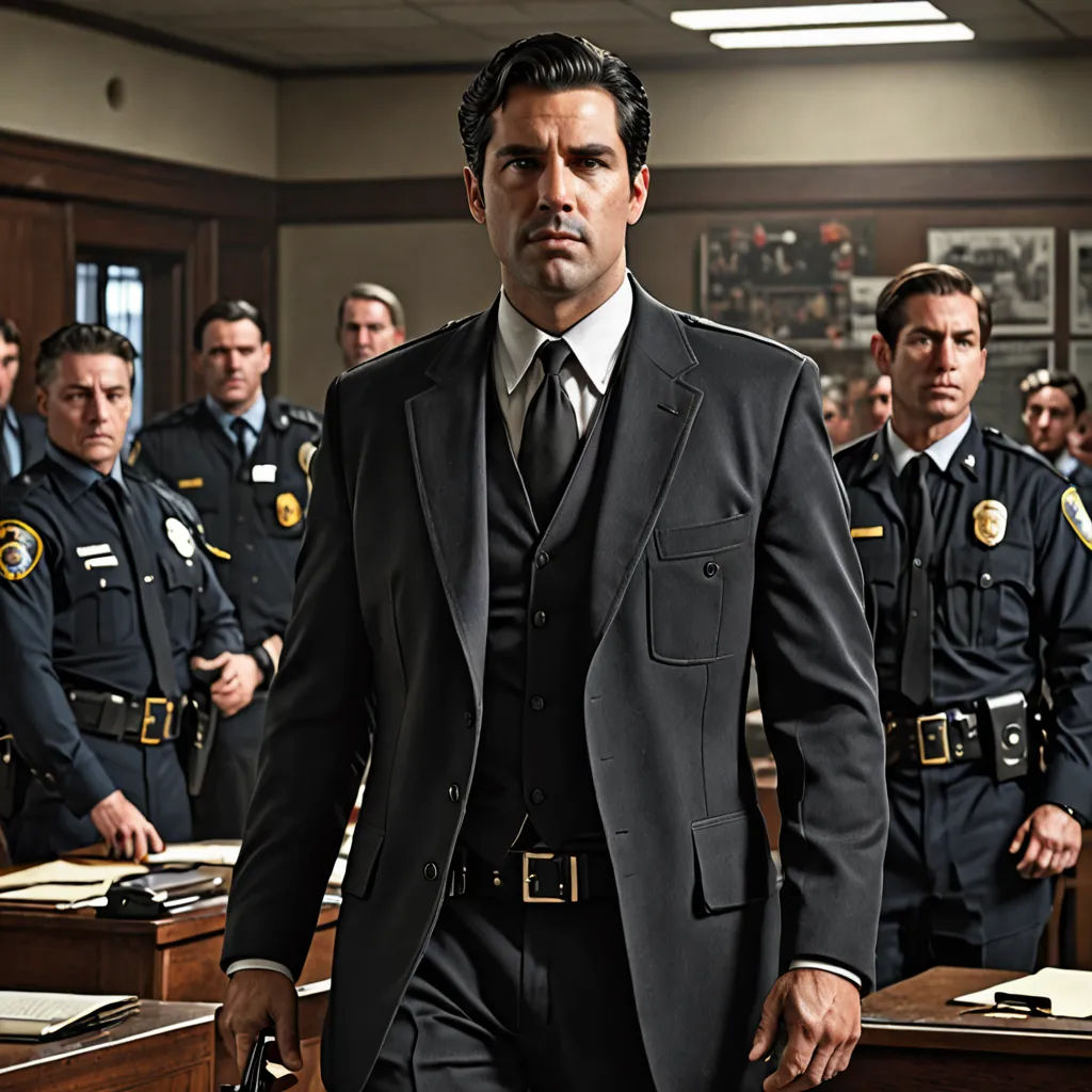 a man in a suit and tie walking through a courtroom with other men in uniform behind him and a woman in a red dress, american realism, a colorized photo, Edward Otho Cresap Ord, II, promotional image