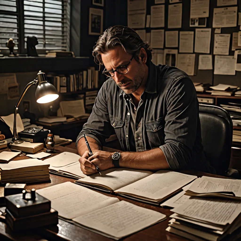 a man sitting at a desk with a lot of books and papers on it, writing something in a notebook, arts and crafts movement, a character portrait, Dan Scott, promotional image