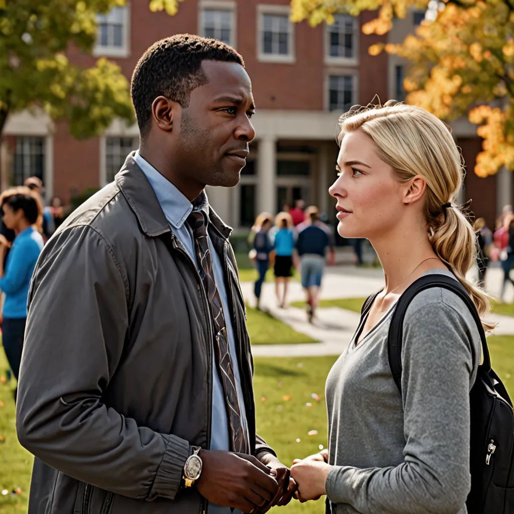 a man and a woman standing in a park talking to each other and people in the background watching them, institutional critique, a poster, Derold Page, promotional image
