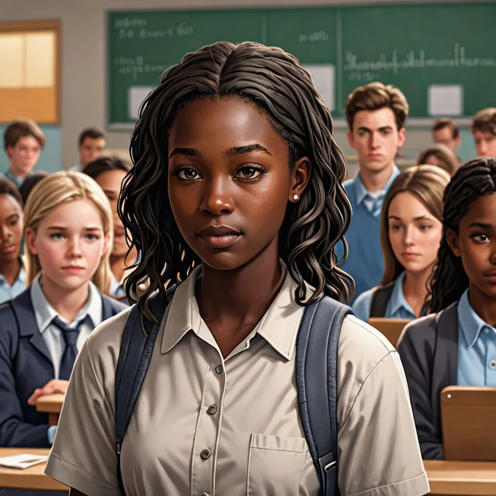 a woman standing in front of a classroom full of students in uniform and looking at the camera with a serious look on her face, american realism, a hyperrealistic painting, Constance Gordon-Cumming, official art