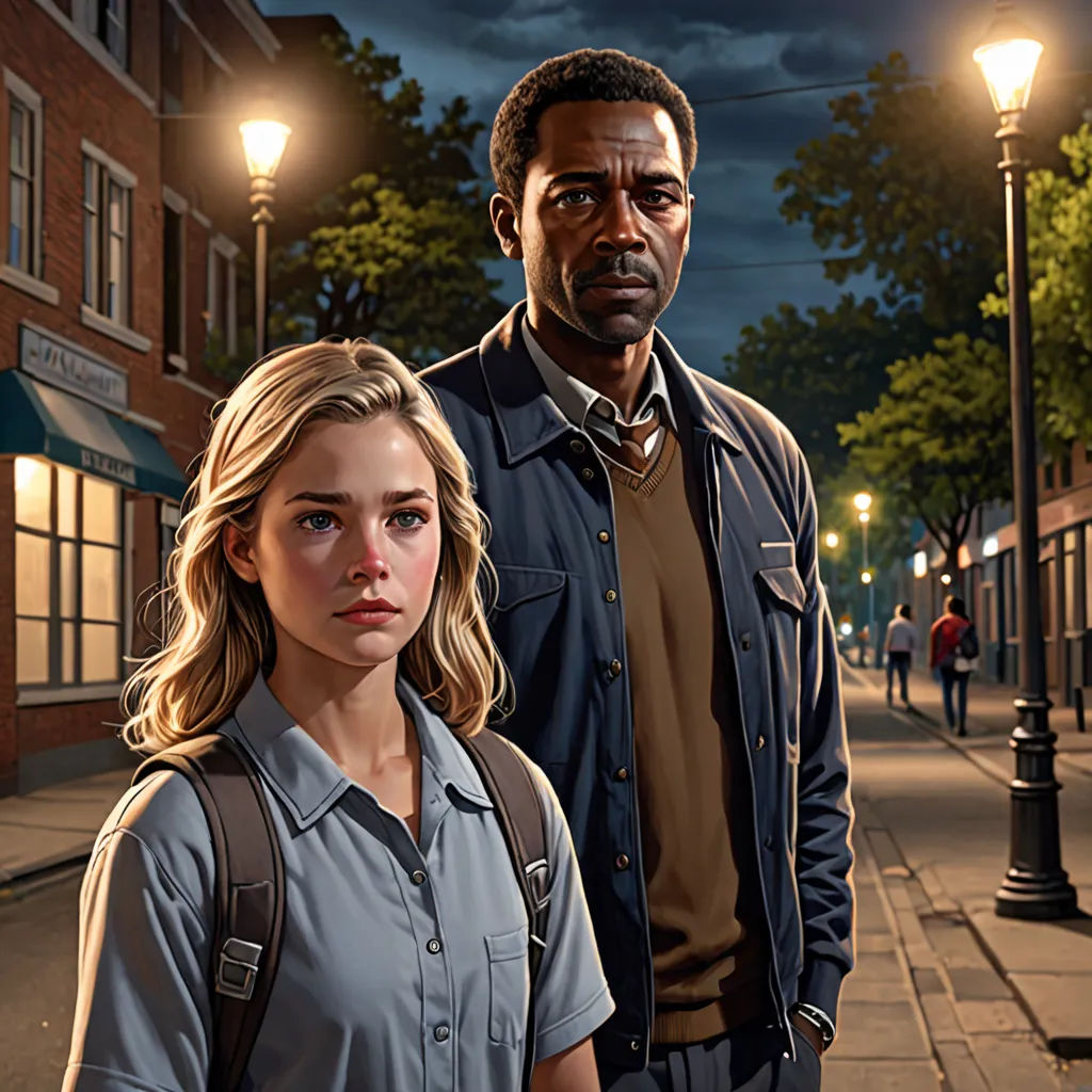 a man and a woman standing on a street at night with a street light in the background and a dark sky, american scene painting, an oil painting, Bob Byerley, key art
