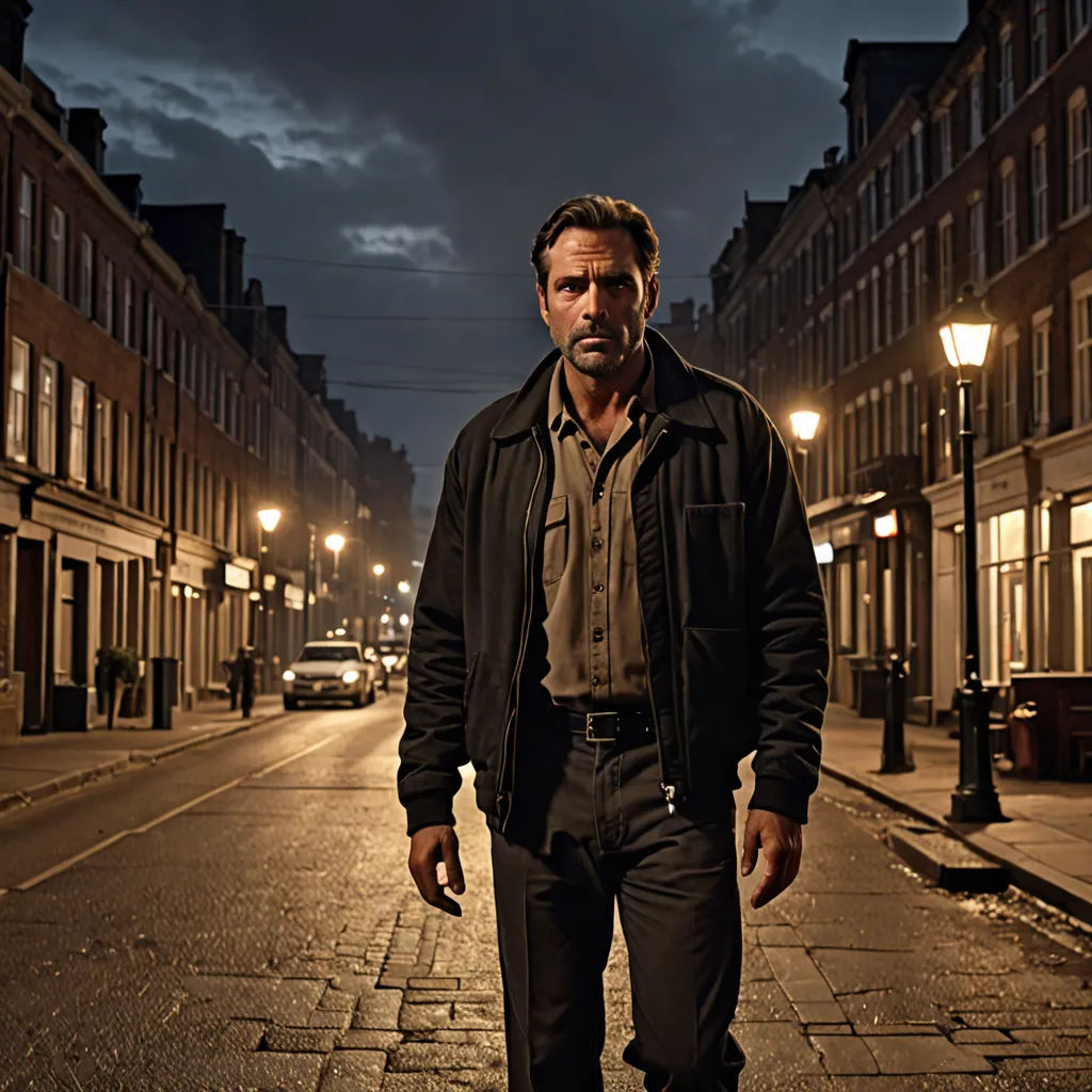 a man standing on a street at night with a dark sky in the background and buildings lining the street, visual art, a character portrait, Dennis Flanders, promotional image