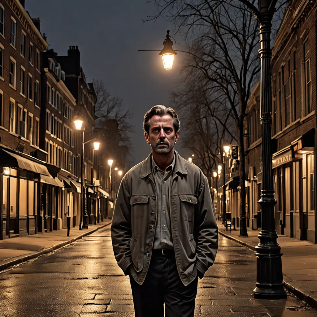 a man standing on a street at night with a street light in the background and a building on the corner, arts and crafts movement, a character portrait, David Annand, promotional image